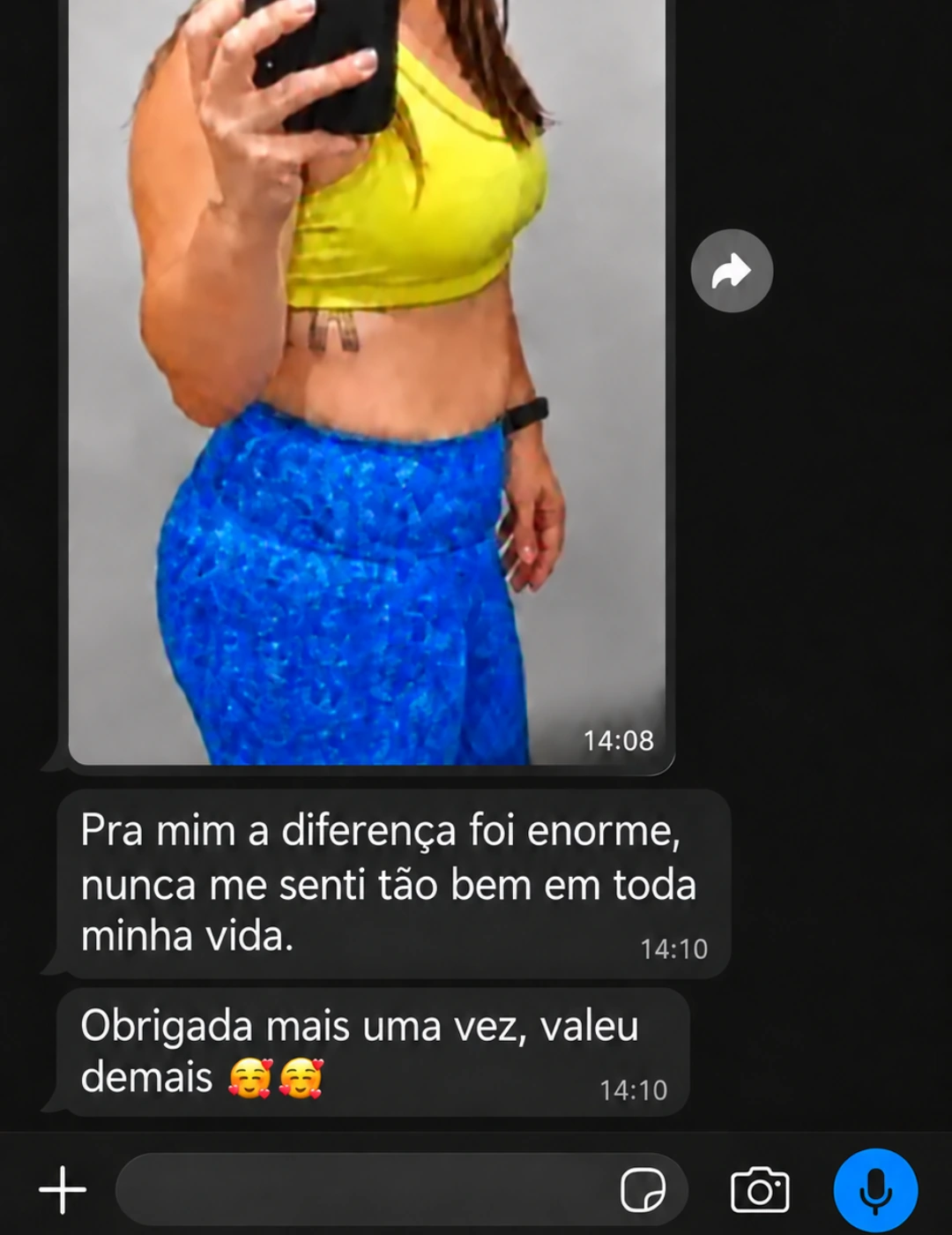 Mensagem de cliente com foto pessoal e relato sobre como se sentiu