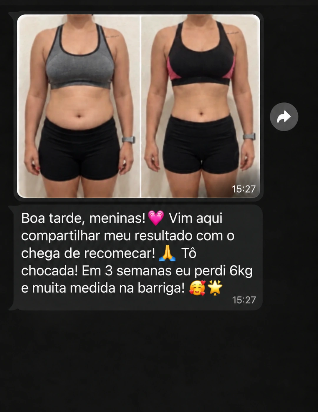 Mensagem de cliente com fotos comparativas e relato de perda de peso