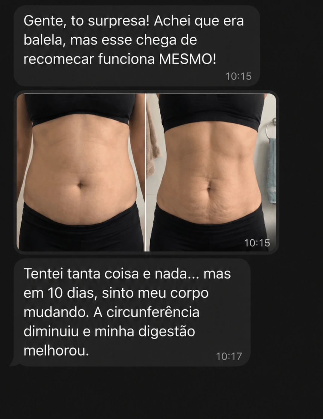 Mensagem de cliente com fotos comparativas e relato sobre a rotina