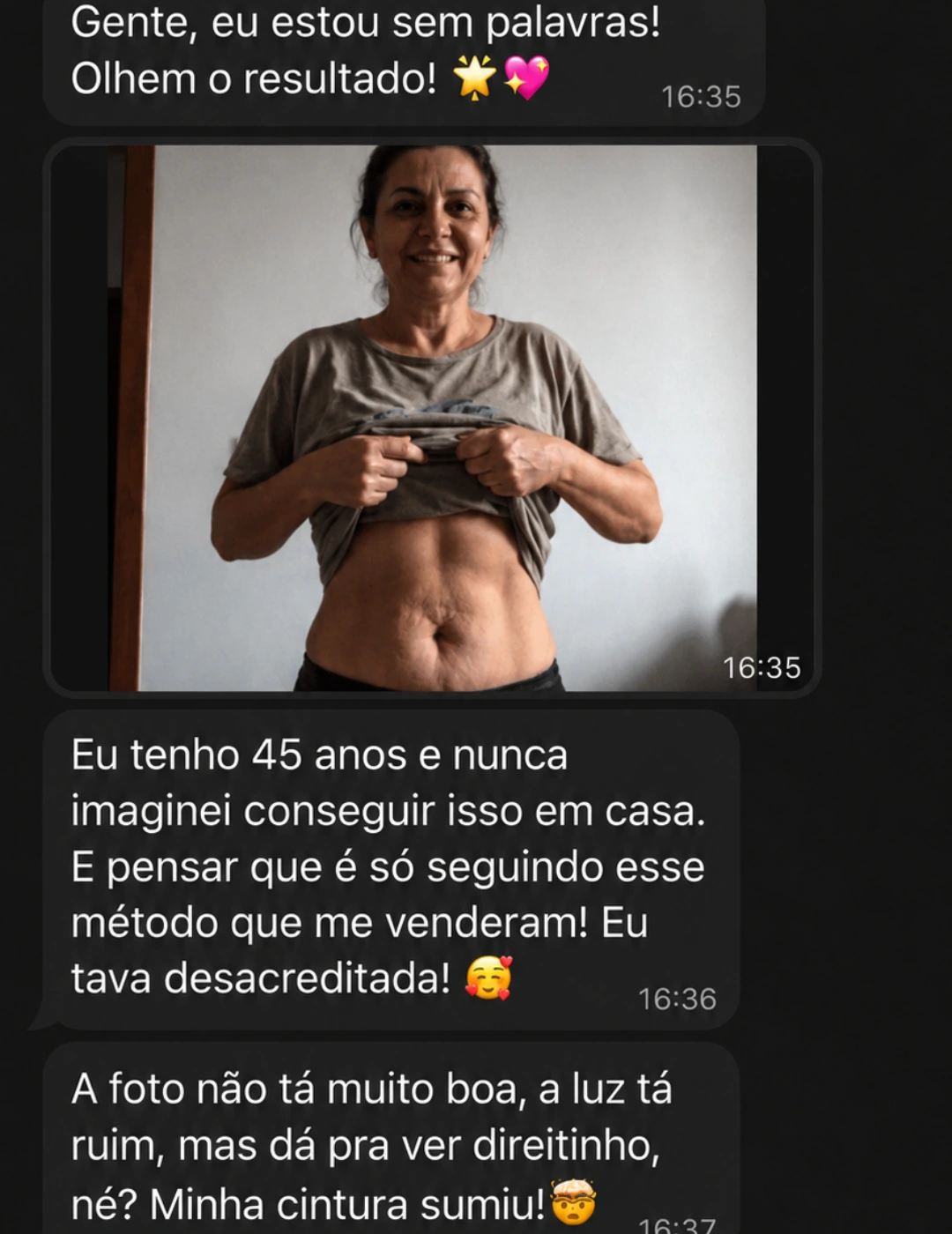 Mensagem de cliente com foto pessoal e relato sobre seu progresso